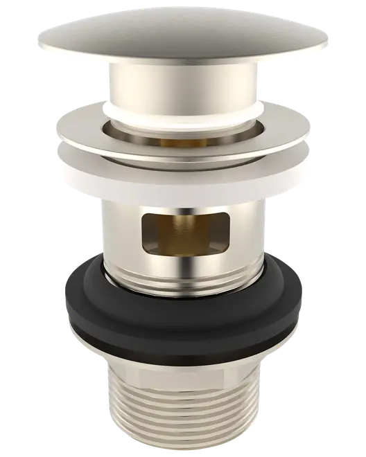 Pop-up avloppsventil i borstad nickel för handfat, med platt topp, gängad kropp, gummipackning och överflödesöppning för effektiv vattenavledning och enkel installation.