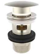 Pop-up avloppsventil i borstad nickel för handfat, med platt topp, gängad kropp, gummipackning och överflödesöppning för effektiv vattenavledning och enkel installation.