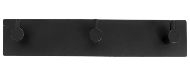 Sort vægmonteret knagerække i metal med tre runde kroge på en rektangulær base. Moderne, minimalistisk design til ophæng af jakker, tasker eller tilbehør i entré eller garderobe.
