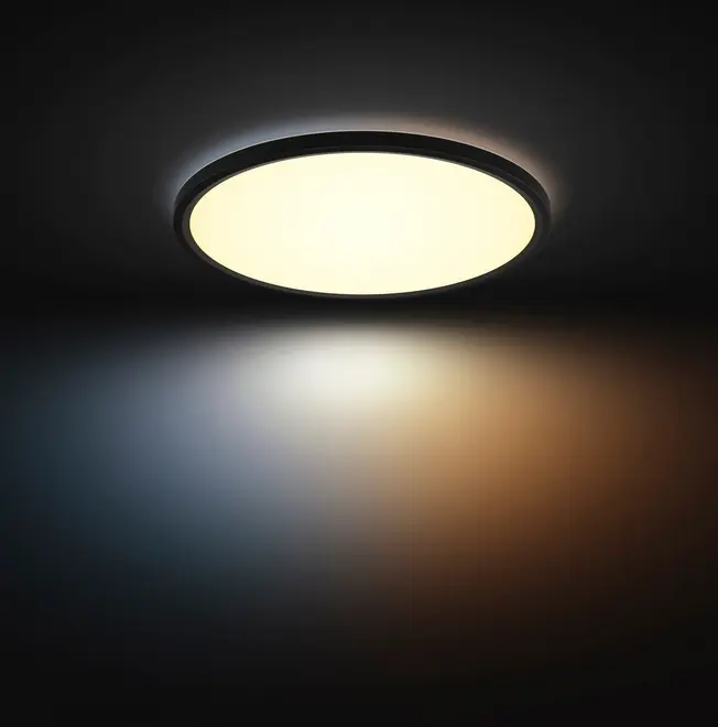 Rund LED-loftlampe med sort ramme, udsender et blødt, diffust lys. Velegnet til moderne interiør, giver både varme og kolde lysnuancer for alsidig stemning.