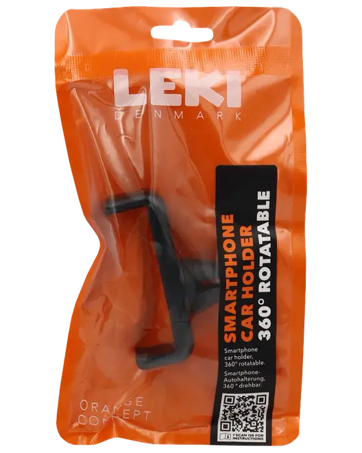 Sort smartphone-holder til bil, 360° drejelig, pakket i orange pose med gennemsigtigt vindue. Passer til montering af telefoner i bilen. Kompakt, justerbar og sikker.