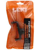 Sort smartphone-holder til bil, 360° drejelig, pakket i orange pose med gennemsigtigt vindue. Passer til montering af telefoner i bilen. Kompakt, justerbar og sikker.