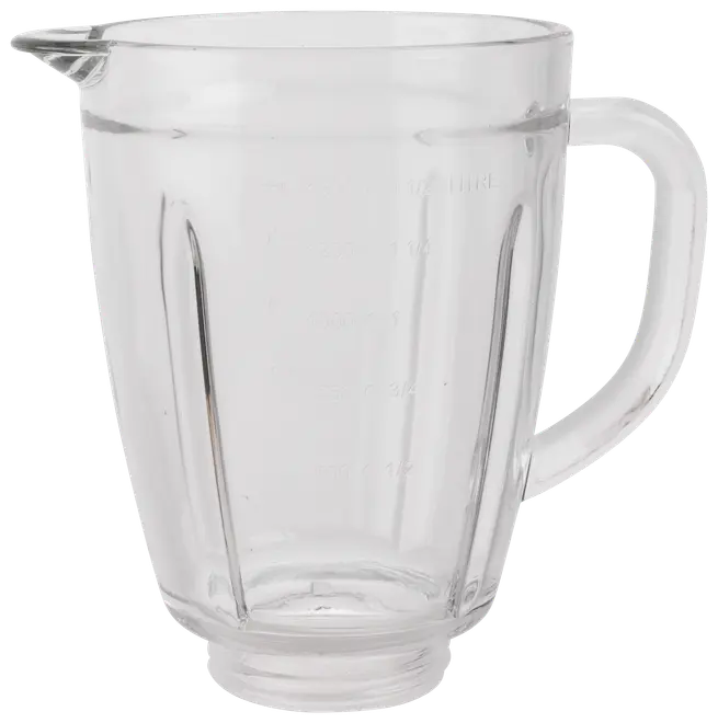 Klar glasmixerburk med handtag och pip, har måttmarkeringar på sidan. Passar för blandning och upphällning av vätskor, kompatibel med standardmixers. Kapacitet cirka 1,5 liter.