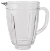 Klar glas blenderkande med håndtag og hældetud, målemarkeringer på siden. Velegnet til blanding og udhældning af væsker, passer til standard blenderbaser. Kapacitet ca. 1,5 liter.