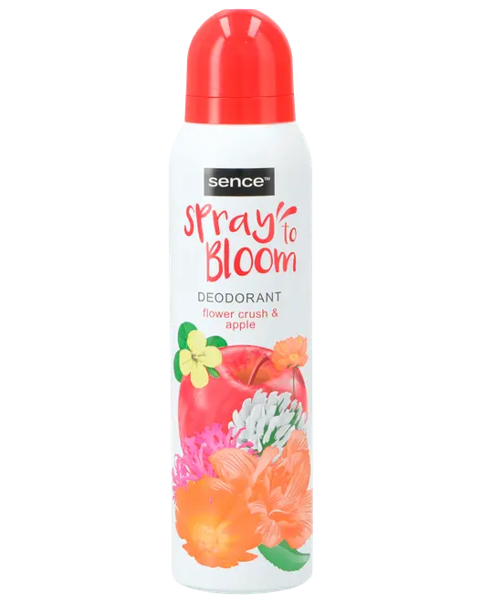 Sence Spray to Bloom deodorantspray i aerosol med rød hætte, hvid dåse, blomsterdesign og duft af flower crush og apple.