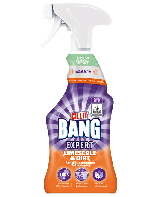 Sprayflaska med Cillit Bang Expert Kalk & Smuts, lila och orange etikett, tar bort kalk och smuts, för inomhus- och utomhusbruk, växtbaserade ingredienser.