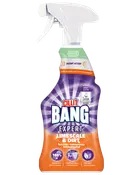 Sprayflaska med Cillit Bang Expert Kalk & Smuts, lila och orange etikett, tar bort kalk och smuts, för inomhus- och utomhusbruk, växtbaserade ingredienser.