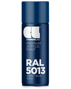 Cosmoslac premium akryl spraymaling, RAL 5013 koboltblå, 400ml dåse. Elegant blå design med hvid tekst, velegnet til forskellige overflader og professionel brug.