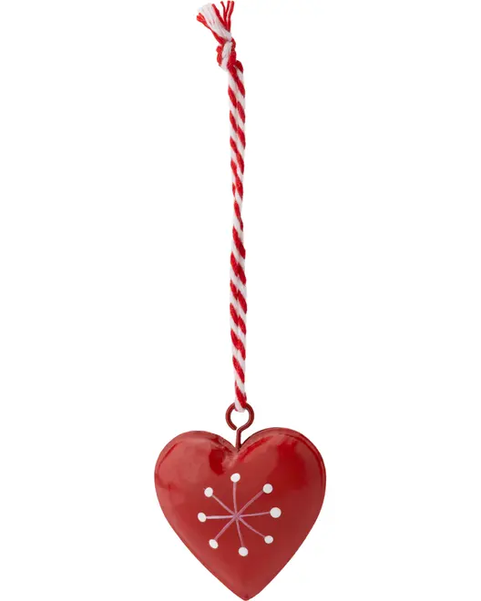 Rødt hjerteformet ornament med hvidt stjernemønster, hængende fra snoet rød og hvid snor. Perfekt til juledekoration eller gave. Glat, blank overflade og festligt udseende.