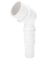 Hvid plastslangekobling med 90-graders vinkel, riflede riller for sikker fastgørelse. Velegnet til VVS eller afløb, nem montering og lækageforebyggelse.