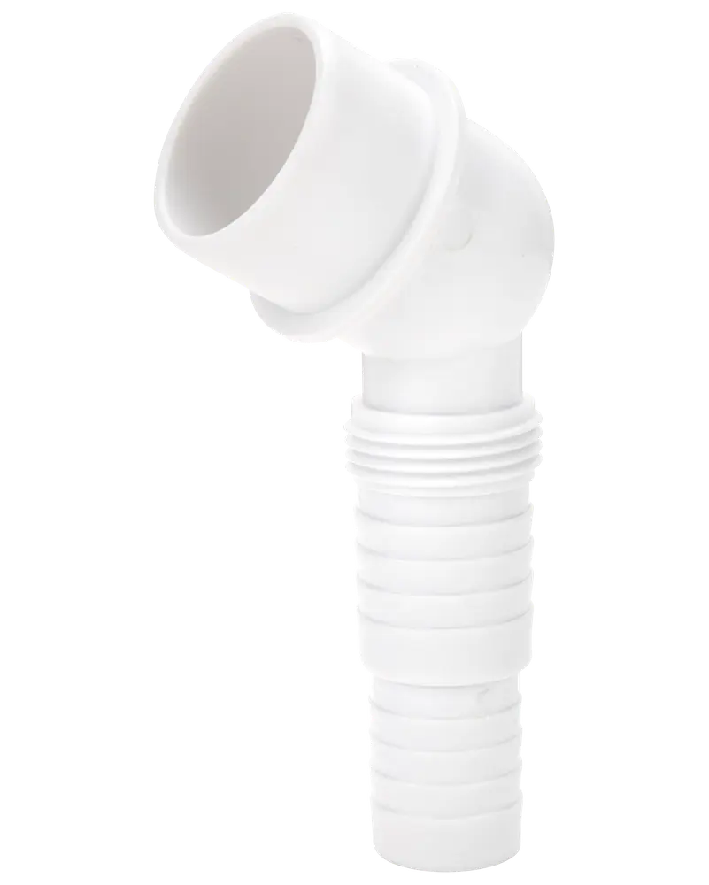 Hvid plastslangekobling med 90-graders vinkel, riflede riller for sikker fastgørelse. Velegnet til VVS eller afløb, nem montering og lækageforebyggelse.