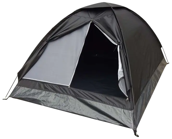 Kuformet campingtelt med lynlåsåbning, sort og gråt stof, netvindue og vandtæt bund. Passer til to personer, let og nemt at samle til udendørs brug.