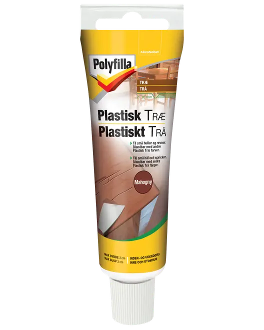 Polyfilla Plastisk Træ filler tube i mahogni, til inde- og udendørs brug, udfylder huller og revner i træ og lister.
