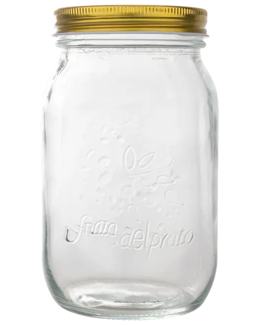 Klar glasbeholder med præget logo, bred åbning og gyldent metalskruelåg. Velegnet til opbevaring af syltetøj, tørvarer eller hobbyartikler. Enkel, klassisk stil.