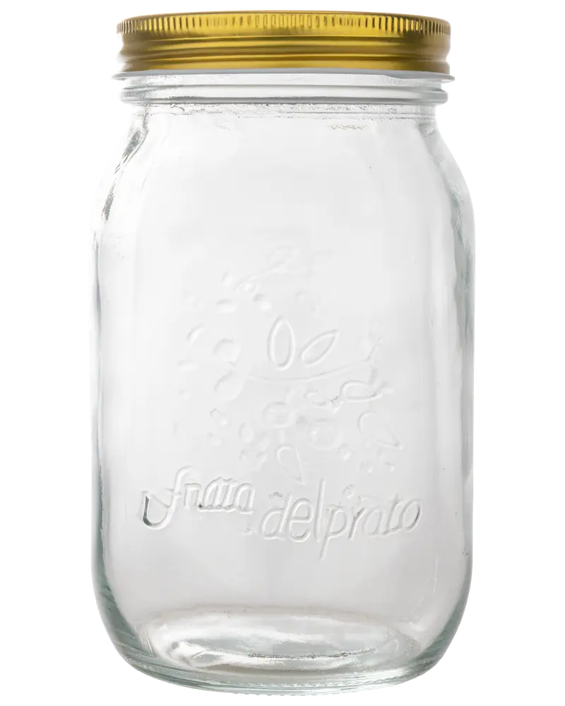 Klar glasburk med präglad logotyp, bred öppning och guldskruvlock i metall. Perfekt för förvaring av mat, torrvaror eller pyssel. Enkel, klassisk design.