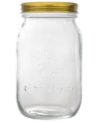 Klar glasbeholder med præget logo, bred åbning og gyldent metalskruelåg. Velegnet til opbevaring af syltetøj, tørvarer eller hobbyartikler. Enkel, klassisk stil.