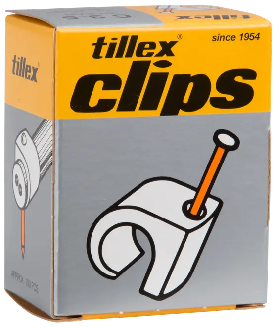 Ask med Tillex kabelklämmor, cirka 100 stycken, för att fästa kablar på väggar. Plastklämma med förmonterad spik för enkel montering.