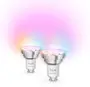 Sæt med to Philips Hue Essential GU10 smarte LED-pærer, sølvfarvet sokkel, farveskiftende funktion, kompakt spotdesign, tilpasselig belysning, kompatibel med app- og stemmestyring.