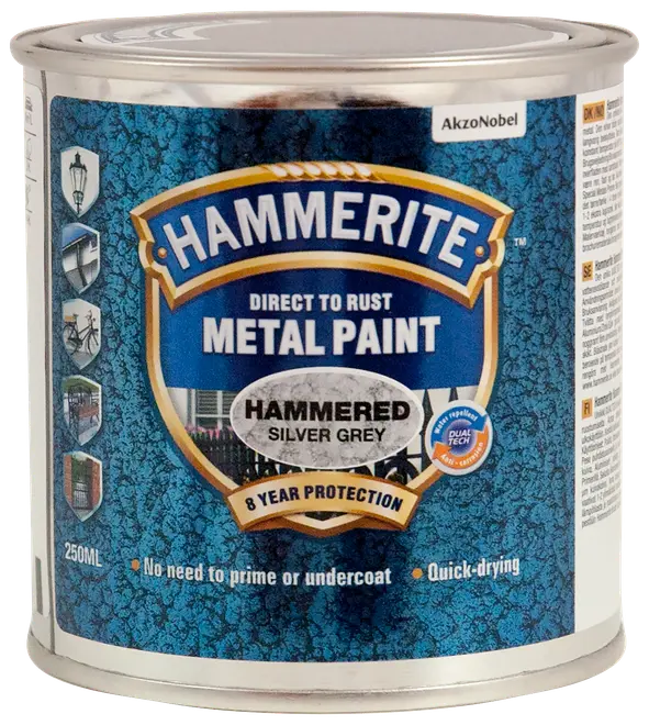 Hammerite Direkte på Rust Metal maling, hamret sølvgrå, 250 ml dåse. Giver 8 års beskyttelse, ingen grunding nødvendig, hurtigtørrende, egnet til metaloverflader.