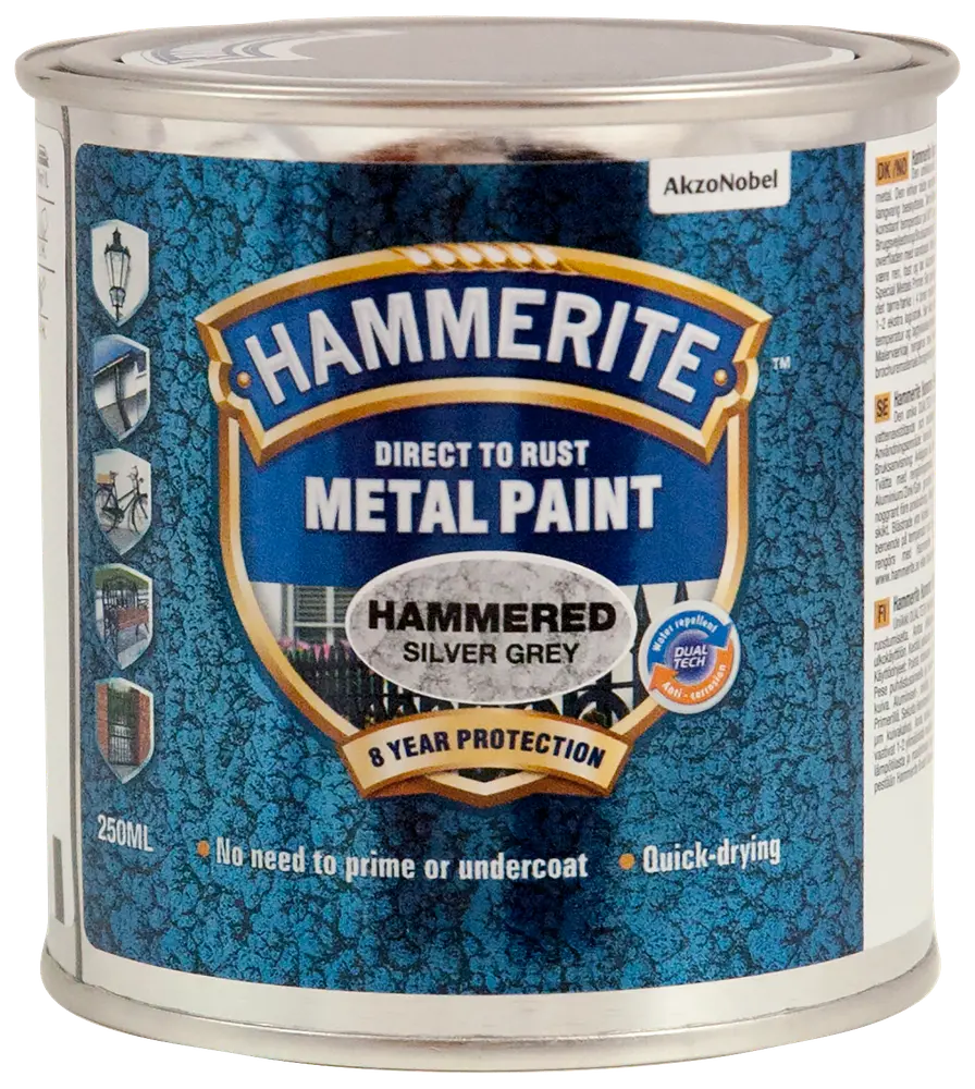 Hammerite Direkte på Rust Metal maling, hamret sølvgrå, 250 ml dåse. Giver 8 års beskyttelse, ingen grunding nødvendig, hurtigtørrende, egnet til metaloverflader.