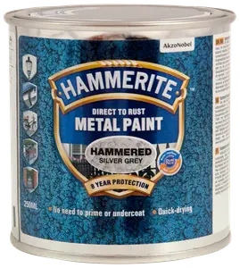 Hammerite Direkte på Rust Metal maling, hamret sølvgrå, 250 ml dåse. Giver 8 års beskyttelse, ingen grunding nødvendig, hurtigtørrende, egnet til metaloverflader.