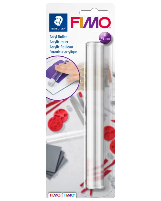 Klar akryl rulle, 25 mm i diameter, til hobby og lerarbejde. Leveres i blisterpakning med FIMO-logo og brugsillustration på forsiden.