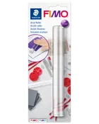 Klar akryl rulle, 25 mm i diameter, til hobby og lerarbejde. Leveres i blisterpakning med FIMO-logo og brugsillustration på forsiden.