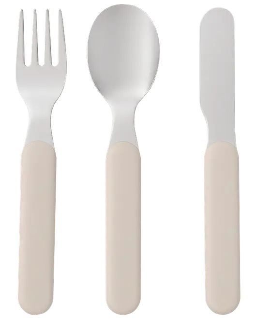 Tredelt bestiksæt med gaffel, ske og kniv, med glatte hoveder i rustfrit stål og bløde beige håndtag.
