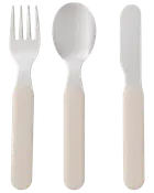 Tredelt bestiksæt med gaffel, ske og kniv, med glatte hoveder i rustfrit stål og bløde beige håndtag.