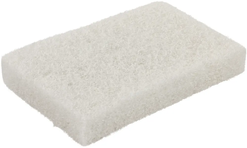 Rektangulær hvid, ikke-ridsende skuresvamp med tekstureret overflade, velegnet til skånsom rengøring af sarte overflader som glas, keramik eller non-stick gryder.