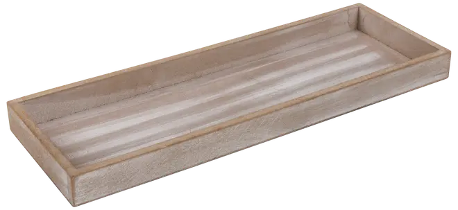 Rektangulär träbricka med upphöjda kanter, ljusbrun finish och vitlaserad randig botten. Passar för servering, organisering eller dekoration. Rustik, minimalistisk stil.