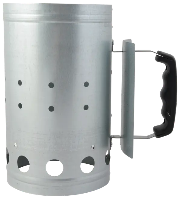 Metalkulstarter med ventilationshuller og varmebestandigt sort plastikhåndtag, designet til hurtig optænding af grillkul.