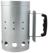 Metallisk tändrör för grillkol med ventilationshål och värmetåligt svart plasthandtag, för snabb tändning av grillkol.