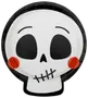 Rund papperstallrik formad som en tecknad dödskalle, med svarta ögon, sydd mun, röda kinder och svart kant. Perfekt för Halloween eller temafester.