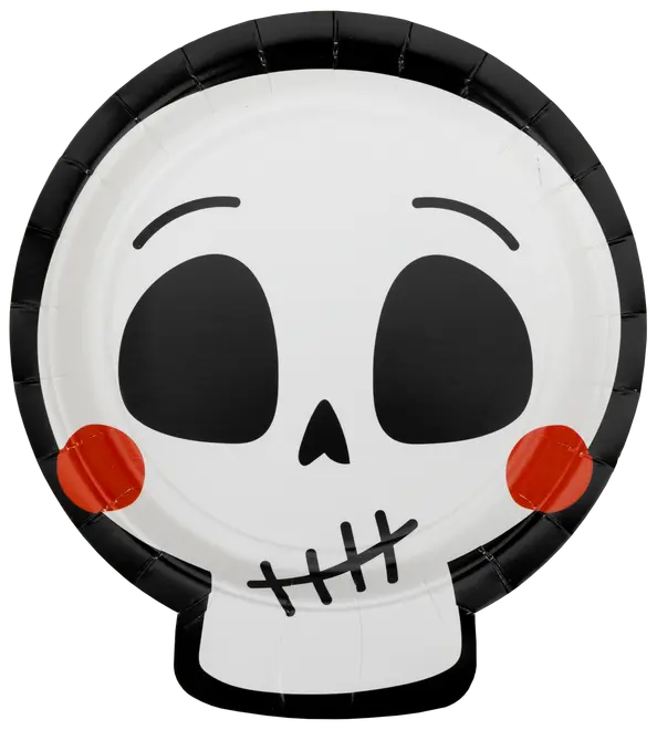 Rund papperstallrik formad som en tecknad dödskalle, med svarta ögon, sydd mun, röda kinder och svart kant. Perfekt för Halloween eller temafester.