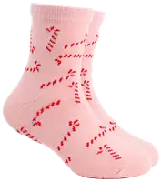 Rosa ankelsockor med mönster av röda och vita polkagrisar. Tillverkade av mjukt, stretchigt material för komfort, passar vardag eller festliga tillfällen.