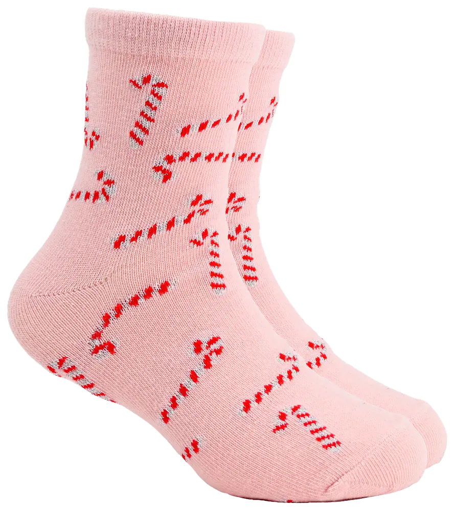 Rosa ankelsockor med mönster av röda och vita polkagrisar. Tillverkade av mjukt, stretchigt material för komfort, passar vardag eller festliga tillfällen.