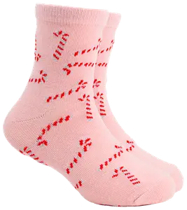 Rosa ankelsockor med mönster av röda och vita polkagrisar. Tillverkade av mjukt, stretchigt material för komfort, passar vardag eller festliga tillfällen.