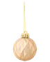 Rund julekugle med facetslebet diamantmønster i blød guld farve, guldfarvet top og ophængssnor. Elegant og festlig pynt til juletræet.