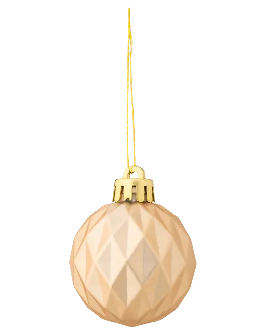 Rund julekugle med facetslebet diamantmønster i blød guld farve, guldfarvet top og ophængssnor. Elegant og festlig pynt til juletræet.