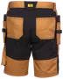 Herrearbejdsshorts i brun og sort med forstærkede syninger, to baglommer, sidelommer til værktøj og slidstærkt stof, velegnet til krævende opgaver og udendørs brug.