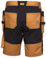 Herrearbejdsshorts i brun og sort med forstærkede syninger, to baglommer, sidelommer til værktøj og slidstærkt stof, velegnet til krævende opgaver og udendørs brug.