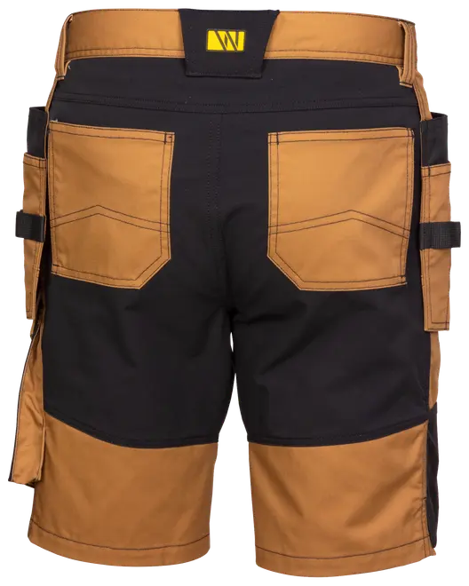 Herrearbejdsshorts i brun og sort med forstærkede syninger, to baglommer, sidelommer til værktøj og slidstærkt stof, velegnet til krævende opgaver og udendørs brug.