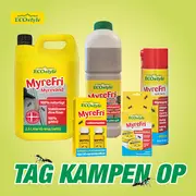Sæt med ECOstyle MyreFri produkter mod myrer, inklusiv myrevand, sand, spray og lokkemiddel. Gule og røde emballager, naturlige og giftfri løsninger til bekæmpelse af myrer.