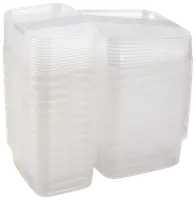 Staplad uppsättning rektangulära, genomskinliga plastmatlådor med lock. Återanvändbara, tåliga och perfekta för matförvaring, rester eller organisering. Tål diskmaskin och mikrovågsugn.