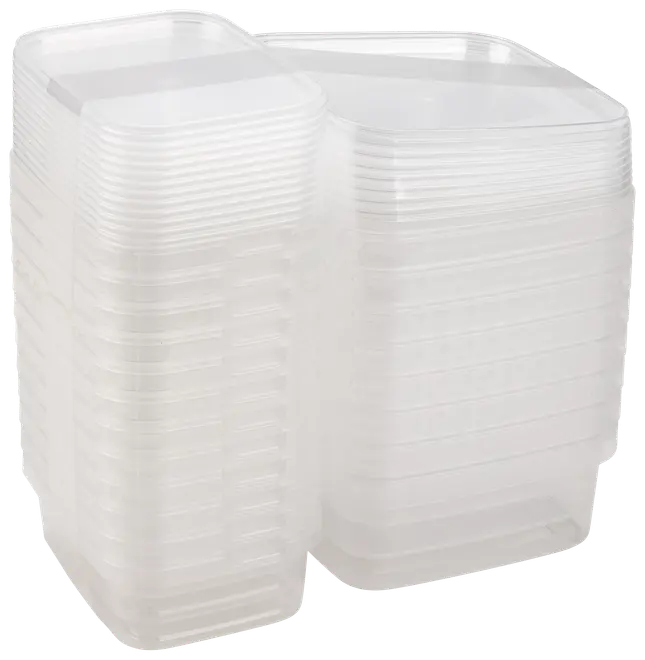 Staplad uppsättning rektangulära, genomskinliga plastmatlådor med lock. Återanvändbara, tåliga och perfekta för matförvaring, rester eller organisering. Tål diskmaskin och mikrovågsugn.