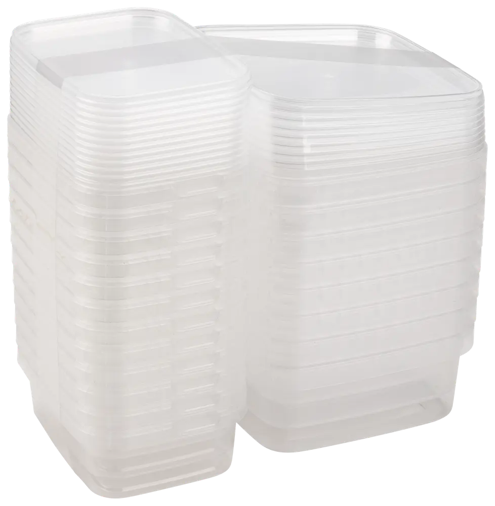 Staplad uppsättning rektangulära, genomskinliga plastmatlådor med lock. Återanvändbara, tåliga och perfekta för matförvaring, rester eller organisering. Tål diskmaskin och mikrovågsugn.