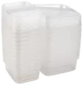 Staplad uppsättning rektangulära, genomskinliga plastmatlådor med lock. Återanvändbara, tåliga och perfekta för matförvaring, rester eller organisering. Tål diskmaskin och mikrovågsugn.