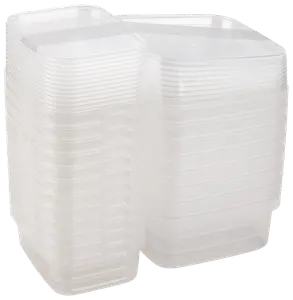 Staplad uppsättning rektangulära, genomskinliga plastmatlådor med lock. Återanvändbara, tåliga och perfekta för matförvaring, rester eller organisering. Tål diskmaskin och mikrovågsugn.