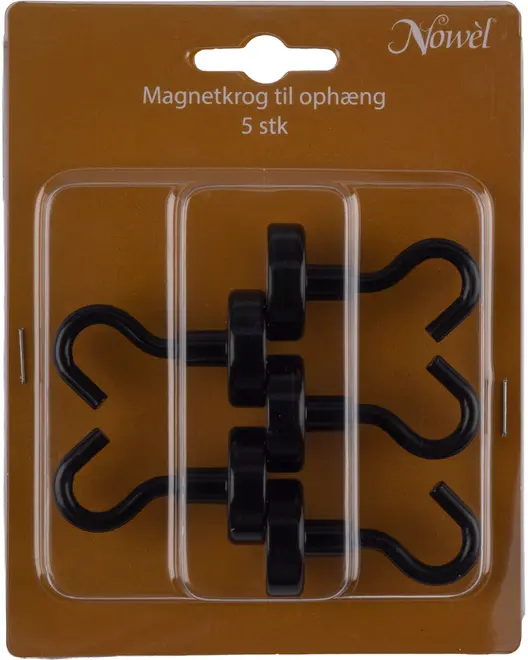 Pakke med 5 sorte magnetkroge til ophæng. Hver krog har en rund magnetisk base og en buet krog, velegnet til ophæng på metaloverflader.